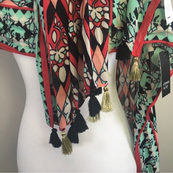 Crown & Ivy 28"x76" Aqua Navy Global Traveler Pom Tassel Obong Scarf Shawl - Picture 4 of 15